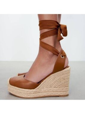 Zara Tan Leather Espadrille Wedge with Ankle Wrap